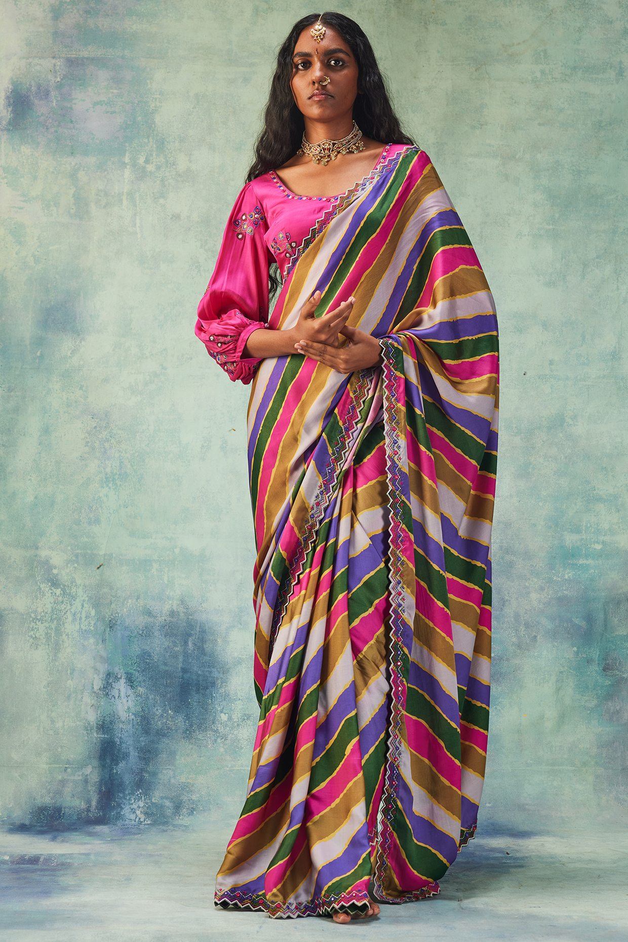 Multi-Colored Satin Silk Stripe Printed & Resham Work Wedding Saree Set by Punit Balana at Pernia's Pop Up Shop